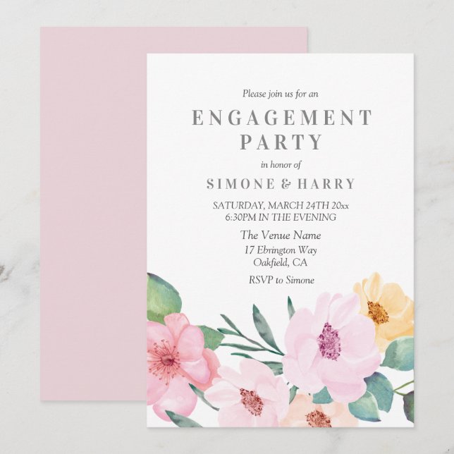 Elegant Pink Floral Engagement Party Invitation (Front/Back)