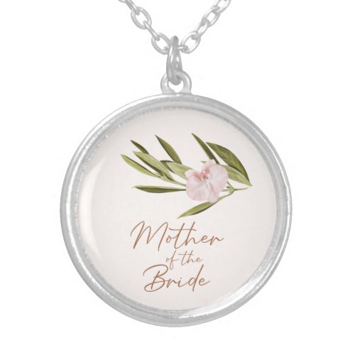 Elegant Pink Floral Eucalyptus Mother of the Bride Silver Plated Necklace