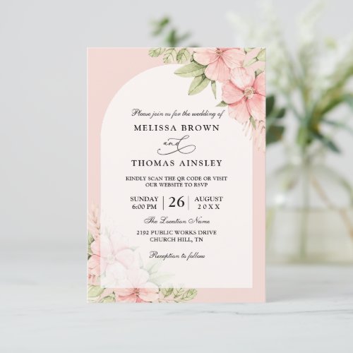 Elegant PInk Floral Eucalyptus QR Code Wedding Invitation