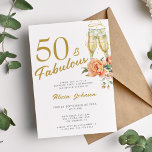Elegant pink floral fifty fabulous 50th birthday  invitation<br><div class="desc">Modern faux gold trendy calligraphy script 50 and fabulous years white birthday party invitation with champagne flutes and pink beige peach roses.</div>