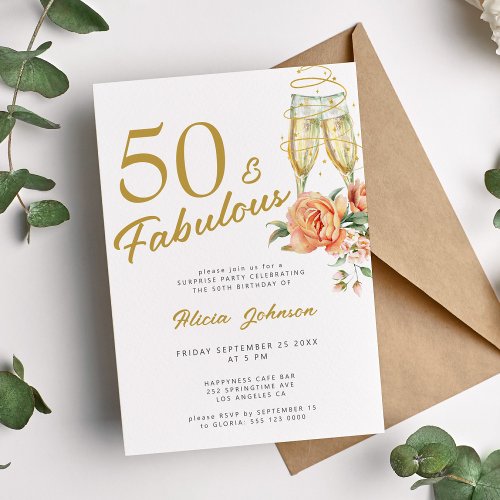 Elegant pink floral fifty fabulous 50th birthday  invitation