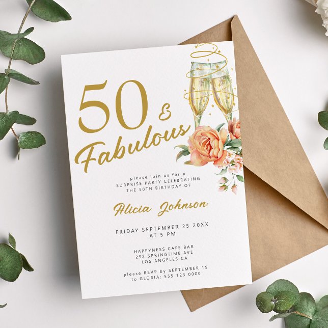 Elegant pink floral fifty fabulous 50th birthday  invitation (Creator Uploaded)