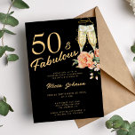 Elegant pink floral fifty fabulous 50th birthday  invitation<br><div class="desc">Modern faux gold trendy calligraphy script 50 and fabulous years black birthday party invitation with champagne flutes and pink beige peach roses.</div>