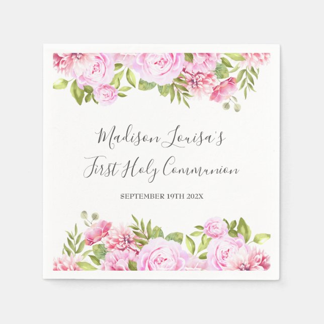 Elegant Pink Floral First Holy Communion Napkins (Front)