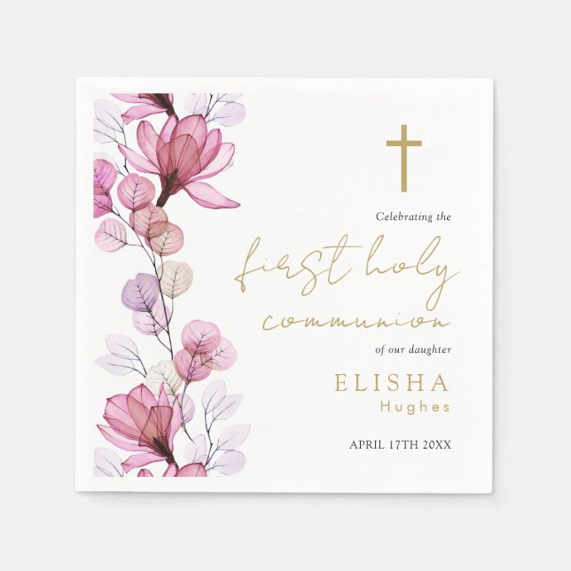 Elegant Pink Floral First Holy Communion Napkins (Front)