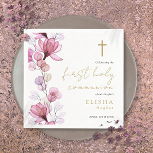 Elegant Pink Floral First Holy Communion Napkins