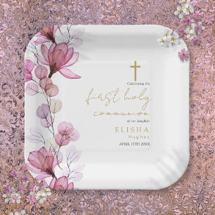 Elegant Pink Floral First Holy Communion Paper Plates