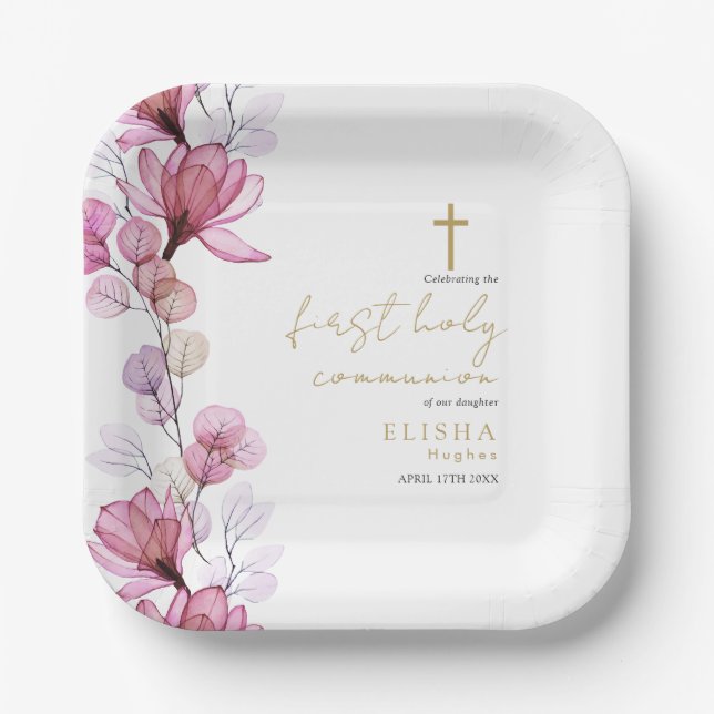 Elegant Pink Floral First Holy Communion Paper Plates (Front)