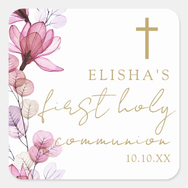 Elegant Pink Floral First Holy Communion Square Sticker (Front)