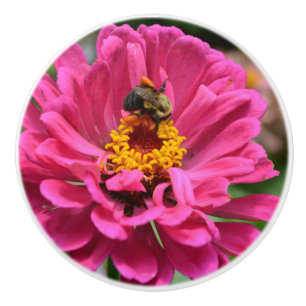 Elegant pink floral flower mum daisy honeybee ceramic knob