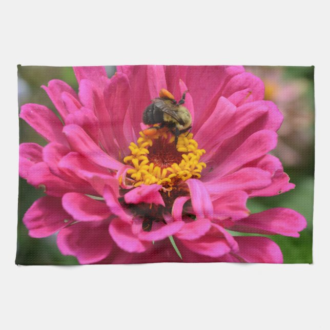 Elegant pink floral flower mum daisy honeybee kitchen towel (Horizontal)