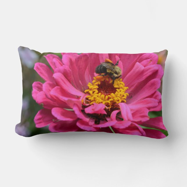 Elegant pink floral flower mum daisy honeybee lumbar pillow (Front)