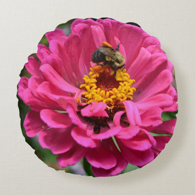 Elegant pink floral flower mum daisy honeybee round pillow (Front)