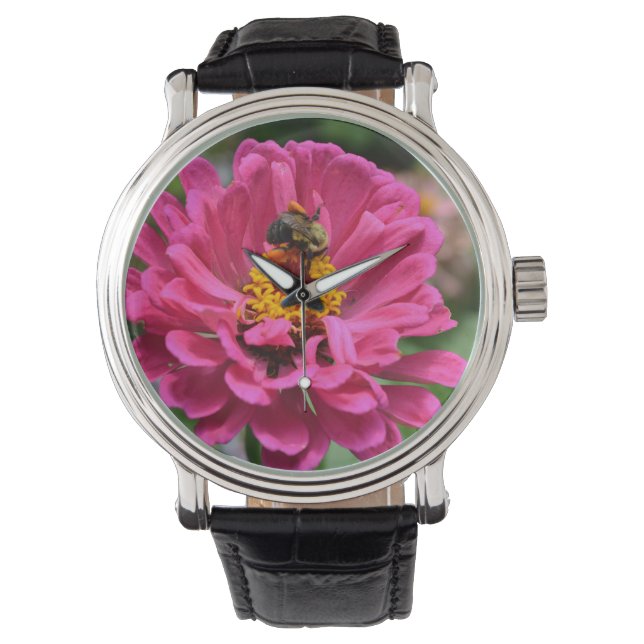 Elegant pink floral flower mum daisy honeybee watch (Front)
