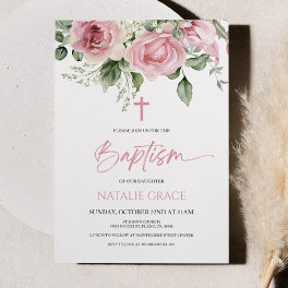 Elegant Pink Floral Flowers Green Leaves Baptism Invitation
