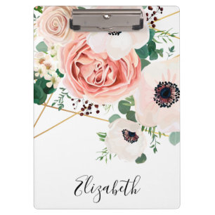 Elegant Pink Floral Flowers Watercolor Personalize Clipboard