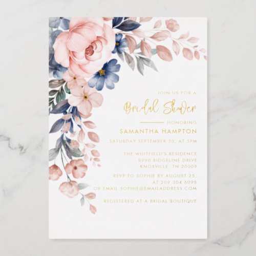 Elegant Pink Floral Foliage Bridal Shower Gold Foil Invitation