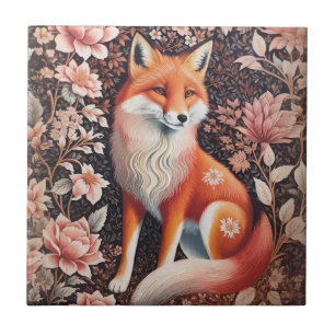 Elegant Pink Floral Fox William Morris Inspired Ceramic Tile