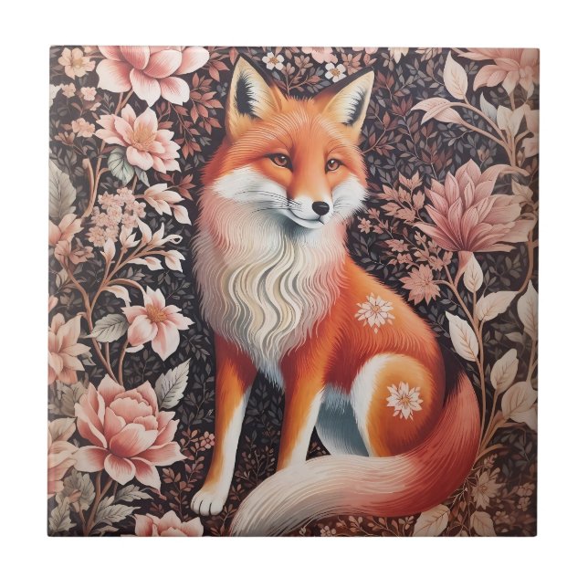 Elegant Pink Floral Fox William Morris Inspired Ceramic Tile (Front)