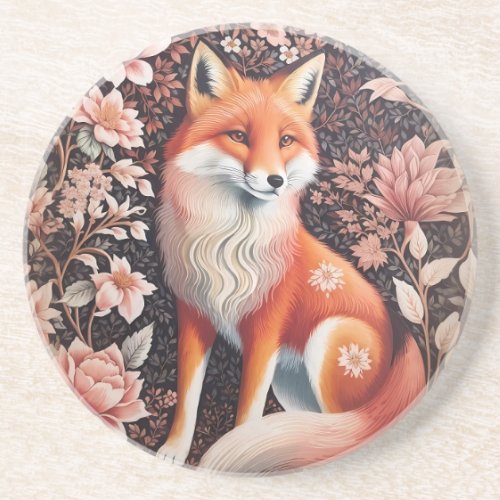 Elegant Pink Floral Fox William Morris Inspired Coaster