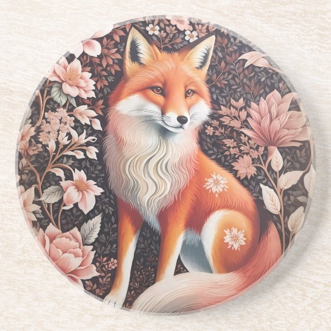 Elegant Pink Floral Fox William Morris Inspired Coaster (Front)