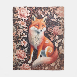 Elegant Pink Floral Fox William Morris Inspired Fleece Blanket