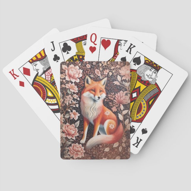 Elegant Pink Floral Fox William Morris Inspired Poker Cards (Back)