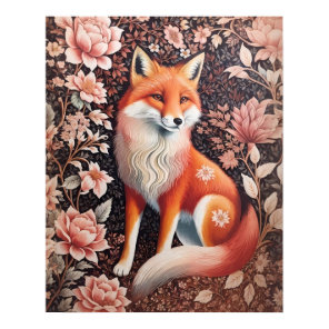 Elegant Pink Floral Fox William Morris Inspired Poster