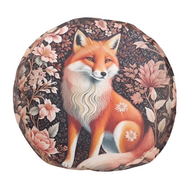 Elegant Pink Floral Fox William Morris Inspired Pouf (Top)