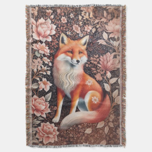Elegant Pink Floral Fox William Morris Inspired Throw Blanket
