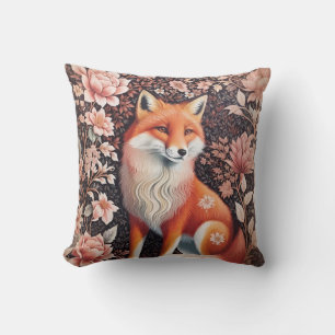 Elegant Pink Floral Fox William Morris Inspired Throw Pillow