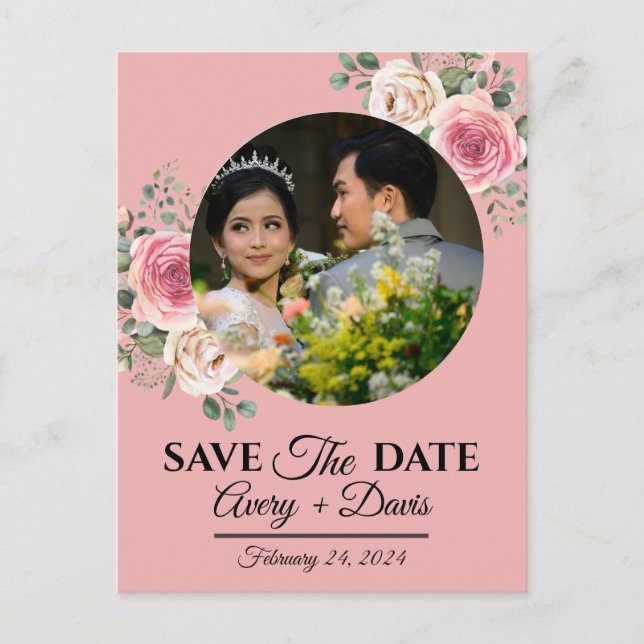 Elegant Pink Floral Fully Editable Save the Date Invitation Postcard (Front)