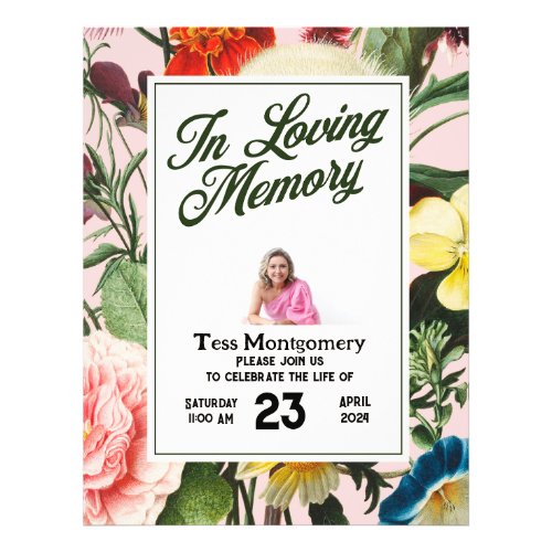 Elegant pink floral funeral memorial invitation flyer