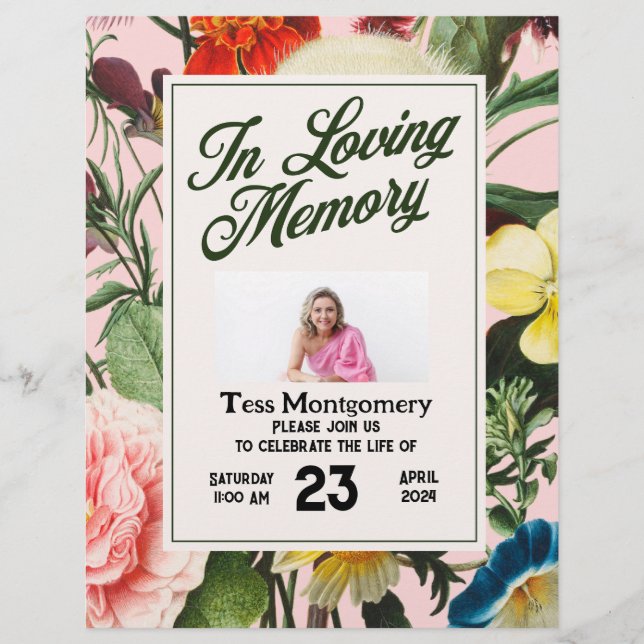 Elegant pink floral funeral memorial invitation flyer (Front)