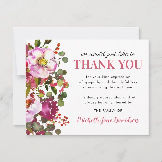 Elegant Pink Floral Funeral Thank You (Front)