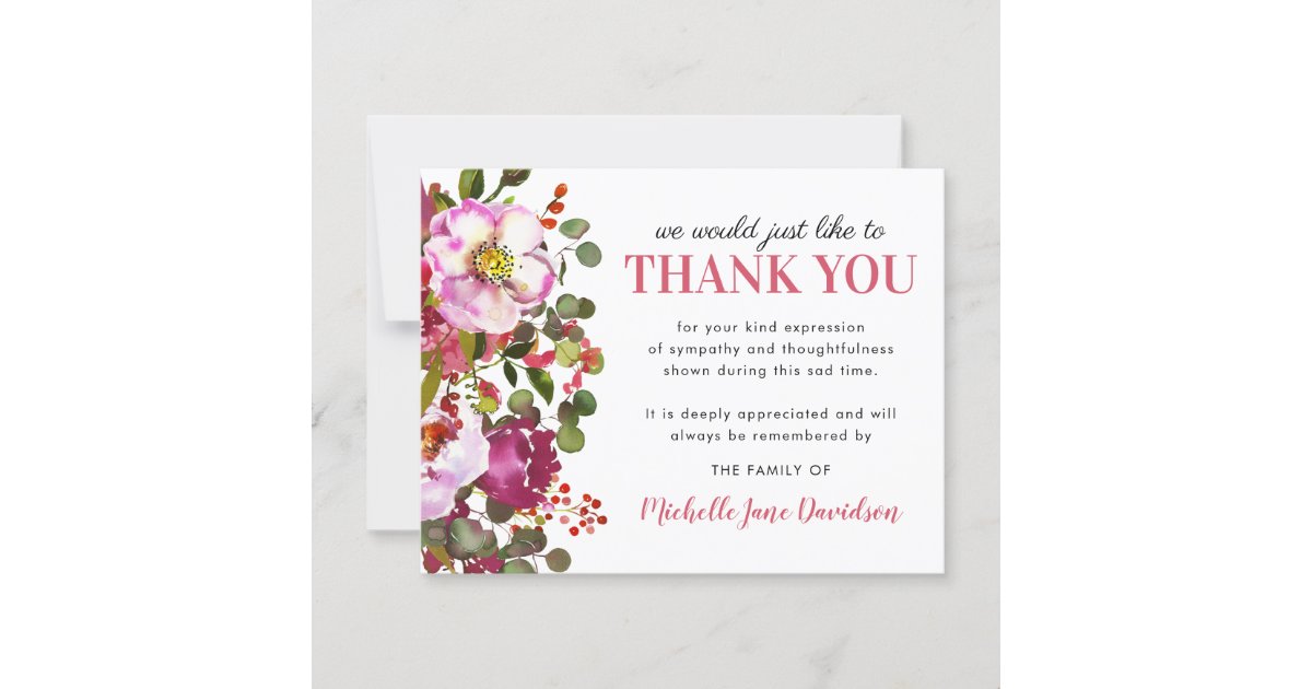 Elegant Pink Floral Funeral Thank You | Zazzle