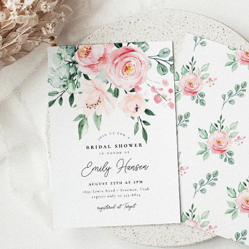 Elegant Pink Floral Garden Rose Bridal Shower Invitation