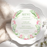 Elegant Pink Floral Garden Wedding Round Flat Menu<br><div class="desc">Enter into timeless elegance with our rustic bohemian spring/summer garden wedding round menu card, showcasing a delightful pink floral wreath with bride and grooms monogram on the back. Enhance your wedding dining experience with this sophisticated addition, designed to bring a sense of refinement to your celebration. Perfect for rustic, bohemian,...</div>