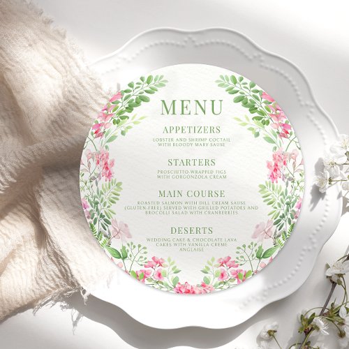 Elegant Pink Floral Garden Wedding Round Flat Menu