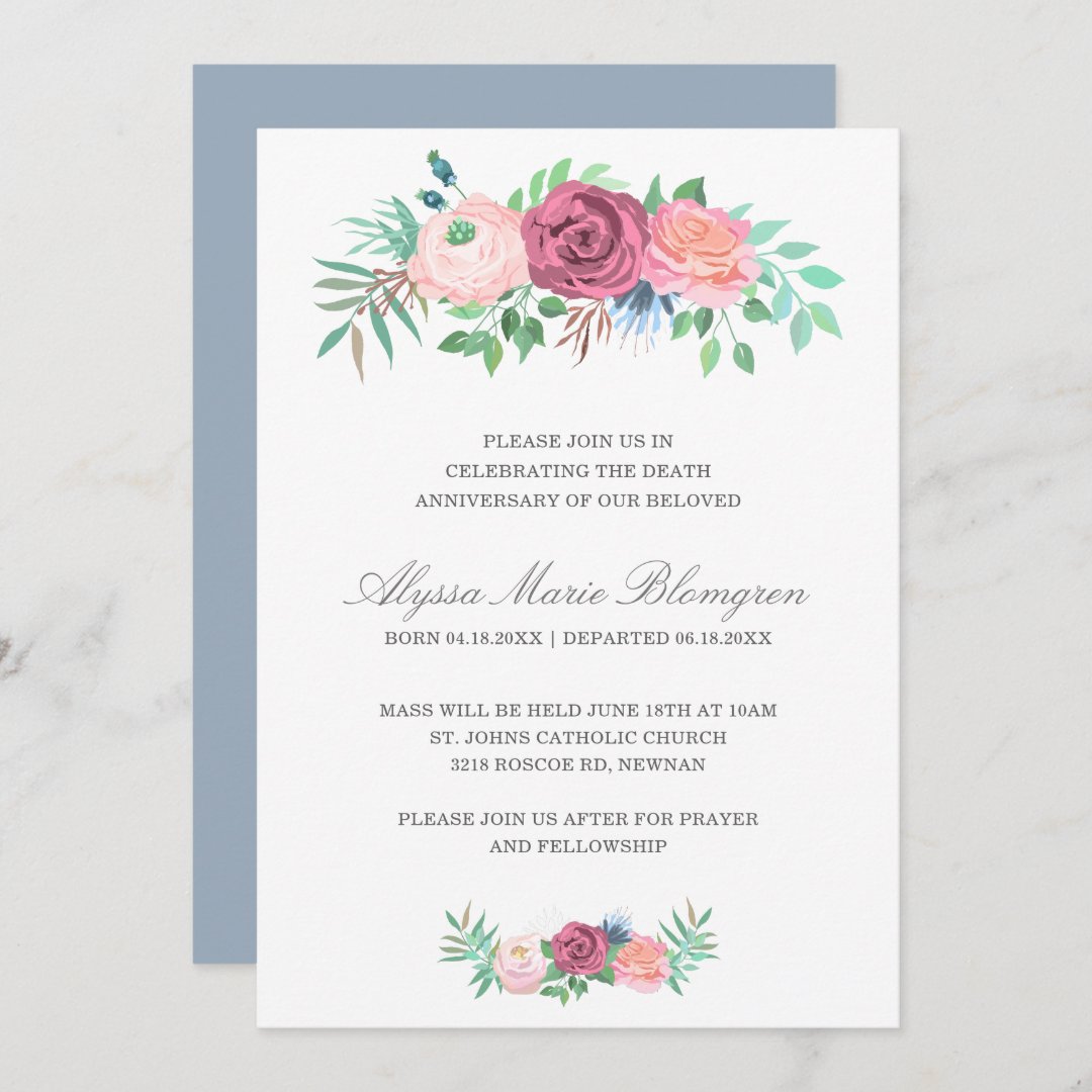 Elegant Pink Floral Garland Death Anniversary Invitation | Zazzle