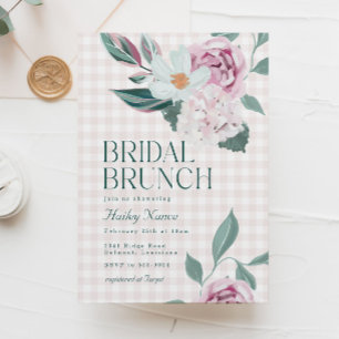 Elegant Pink Floral Gingham Bridal Shower Brunch Invitation