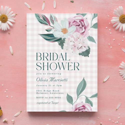 Elegant Pink Floral Gingham Garden Bridal Shower Invitation