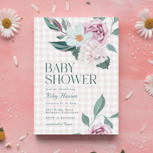 Elegant Pink Floral Gingham Girl Baby Shower Invitation