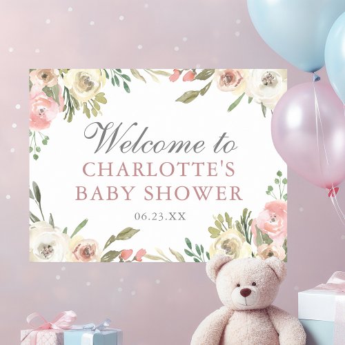 Elegant Pink Floral Girl Baby Shower Welcome Poster