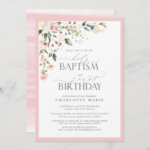 Elegant Pink Floral Girl Baptism  1st Birthday Invitation