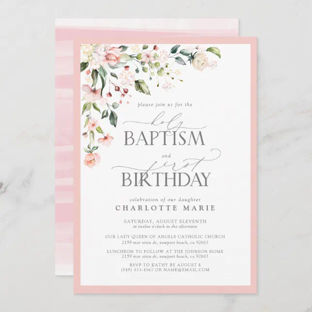 Elegant Pink Floral Girl Baptism & 1st Birthday Invitation | Zazzle