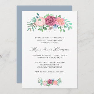 Elegant Pink Floral Girl Baptism First Birthday Invitation