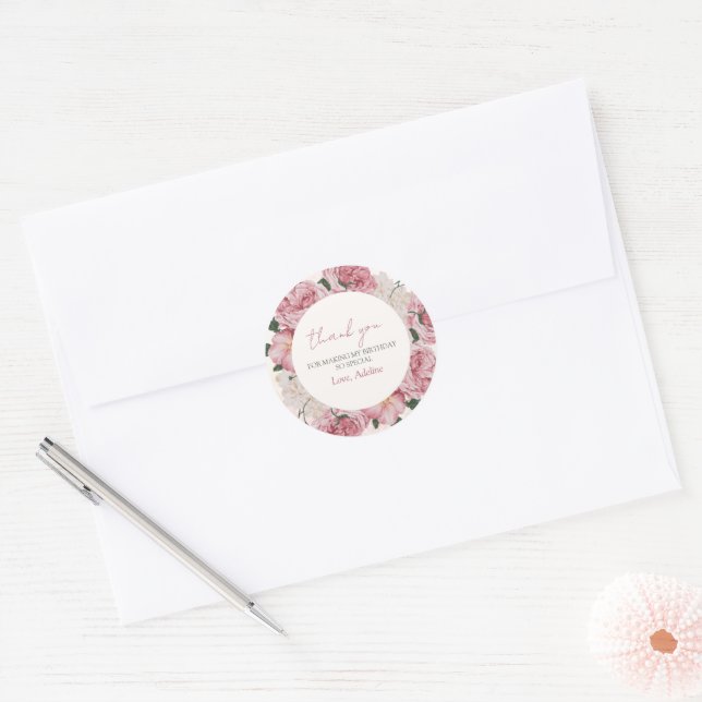 Elegant Pink Floral Girl Birthday Thank You Favor  Classic Round Sticker (Envelope)