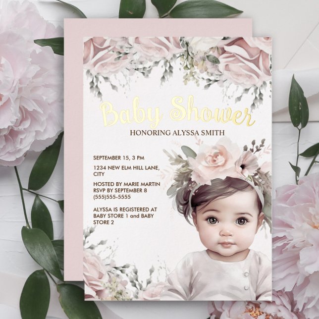 Elegant Pink Floral Girl Gold Foil Baby Shower Foil Invitation (Creator Uploaded)