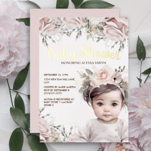 Elegant Pink Floral Girl Gold Foil Baby Shower Invitation